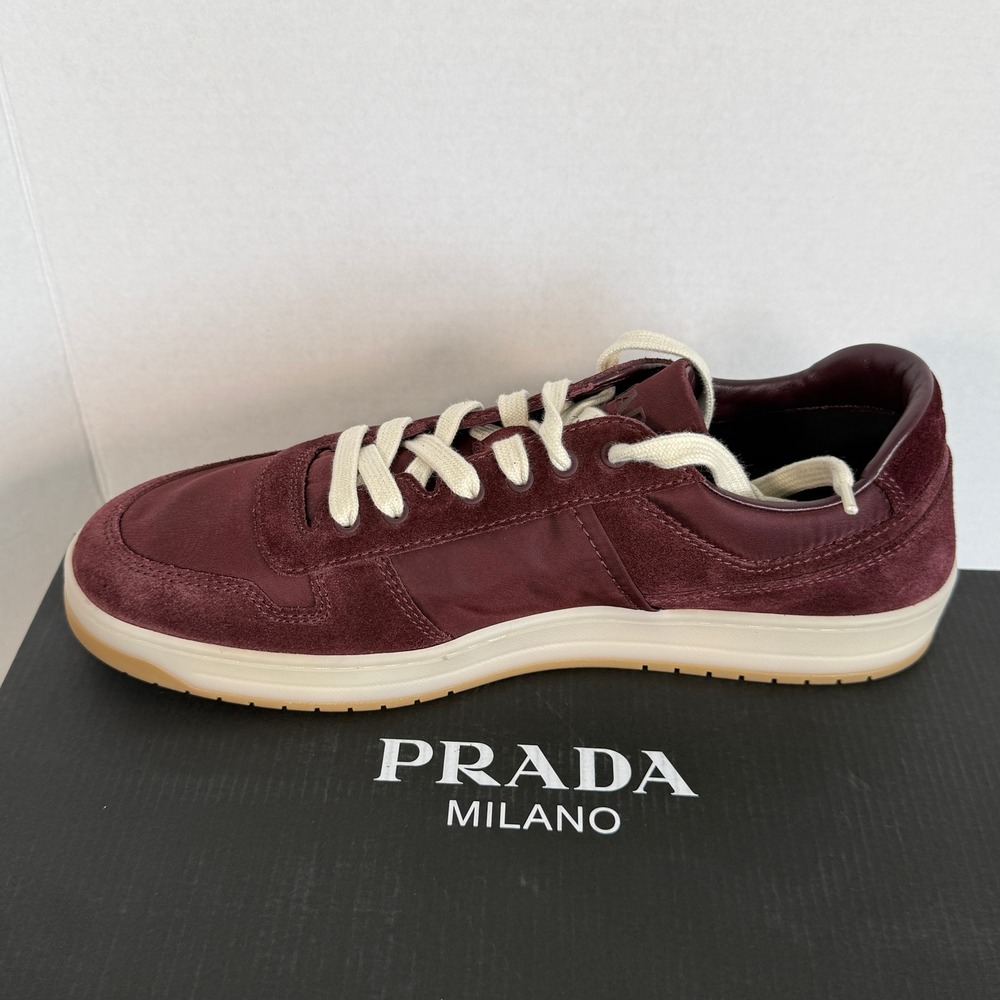 Prada Downtown Suede Nylon Low Top Sneakers Maroon 2EE364 UK 9  US 10